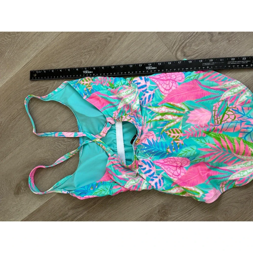 Lilly Pulitzer Tropical Leaf Print One Piece Swimsuit Ruched Pink Teal Blue